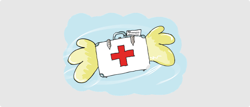Illustration eines Erste-Hilfe-Koffers mit rotem Kreuz darauf und Flügeln an den Seiten.
