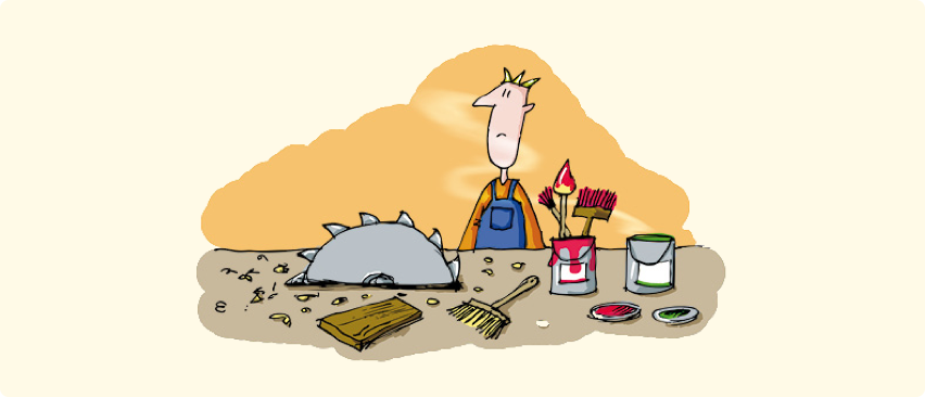 Die Illustration zeigt einen Handwerker inmitten einer unaufgeräumten Werkstatt.