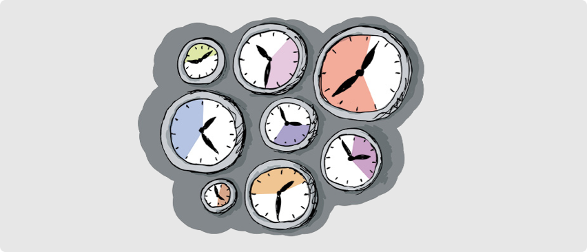 Die Illustration zeigt acht Uhren, die unterschiedliche Zeiten anzeigen.