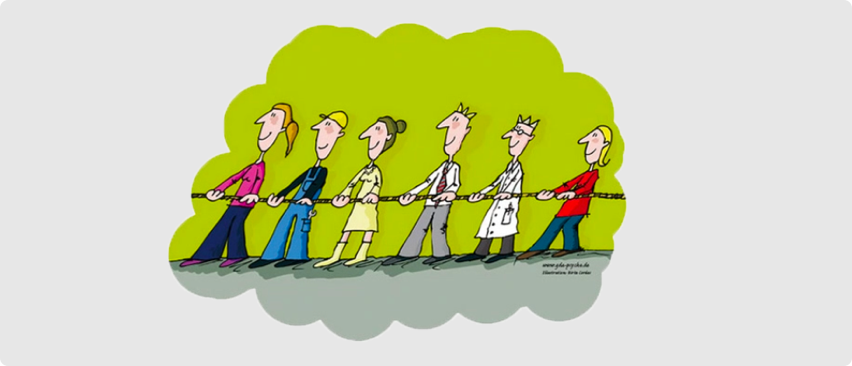 Illustration zeigt sechs Menschen, die gemeinsam an einem Strang ziehen.