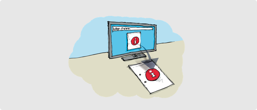 Illustration eines Computer-Bildschirms, auf dem ein Info-Icon zu sehen ist. Davor ein Blatt Papier mit dem gleichen Infos-Icon.