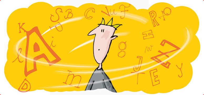 Die Illustration zeigt eine Person vor gelbem Hintergrund, die von unterschiedlich großen Buchstaben umgeben ist.