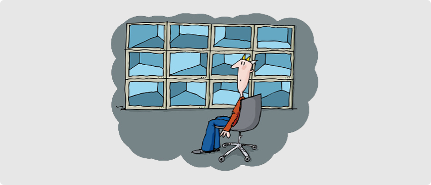 Die Illustration zeigt einen Mann, der auf einem Stuhl sitzt vor zwölf übereinander gestapelten Bildschirmen.